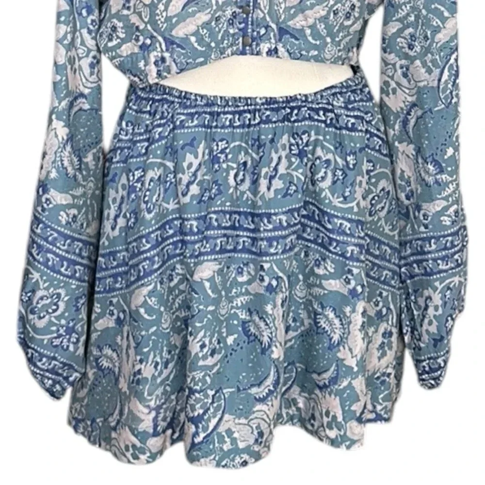 FREE PEOPLE Bohemian Mini Dress Silver Sun‎ Cutout Blue Washed Pockets, Medium